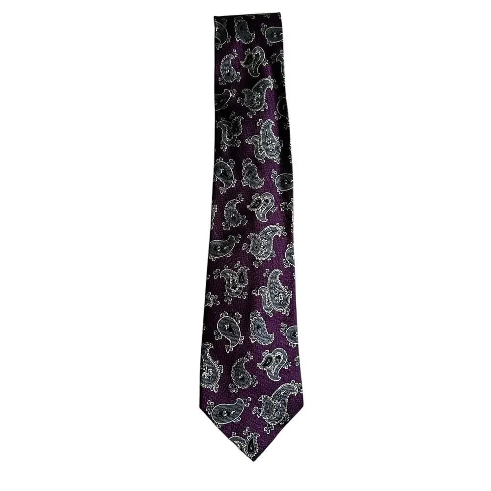 Jos. A. Bank Signature Collection Tie Purple Grey Paisley 100% Silk Long Necktie